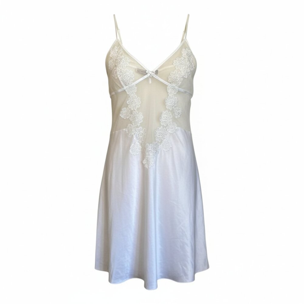 Flora Nikrooz White Sheer Lace Front Satin Wedding Night Mini Chemise Dress